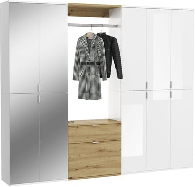 ProjektX garderobe opstelling P12 wit hoogglans, wit, eiken decor.