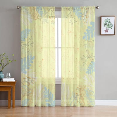 Plant Bladeren Bloemen Takken Minimalistisch Voile Transparante Gordijnen Woonkamer Raam Tule Gordijn Keuken Slaapkamer Gordijnen Huisdecoratie 135W x 114H(cm) beige
