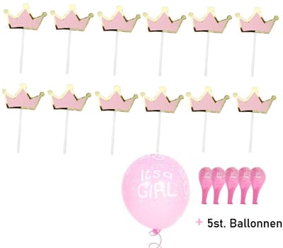 Gebak versiering GIRL -YOUHOMY versiering meisje- 12 stuks large girl prikkers+ 5 stuks roze ballonnnen- cupcake prikker meisje - Verjaardagversiering Kroontje, Verjaardag cup cake topper - babyshower meisje