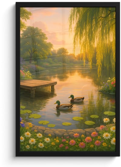 Poster in lijst - Fotolijst 40x60 cm - Posters - Eenden - Vijver - Bloemen - Posterlijst zwart - Decoratie - Wanddecoratie woonkamer - Muurdecoratie slaapkamer