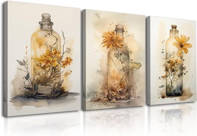 3-Delige Canvas Schilderijen Set met Moderne Bloemen in Vazen - Wanddecoratie met Lijst