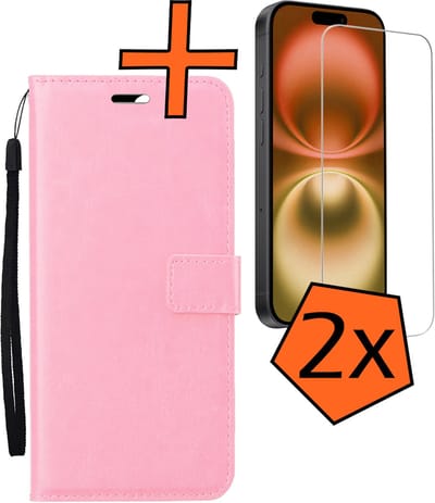 Hoes - Met 2x Screenprotector - Geschikt voor Apple iPhone 16 - Luxe Pasjeshouder - Bookcase Portemonee - Flip Case - Kunstleer Book Case - Flipcase Hoes - Book Cover - Walletcase - PortemonneeHoes - Lichtroze