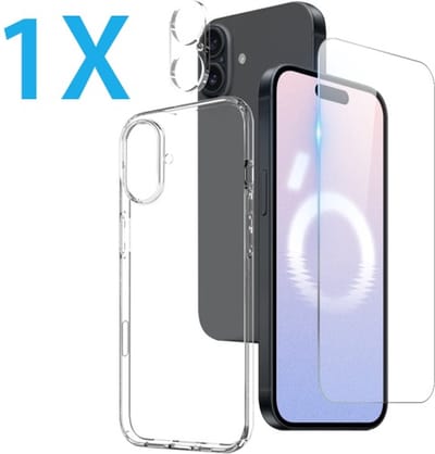 Back cover Silicone hoesje transparant met Screenprotector Glas 1x en Camera lens protector 1x Geschikt voor: iPhone 16 Plus