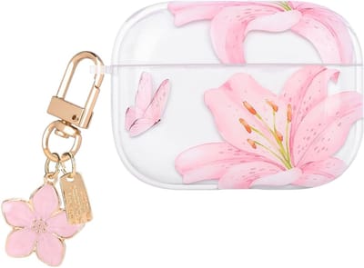 TPU Beschermhoes voor AirPods Pro 3 met Sleutelhanger - Schokbestendig, Antislip en Stofvrij met Bloemenpatroon in Roze Lelie Design