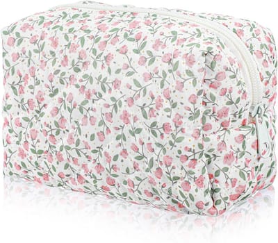 Kleine Gevoerde Cosmetica Tas met Roze Bloemenpatroon - Zachte Katoenen Make-up Tas voor Schoonheidstools en Make-upkwasten