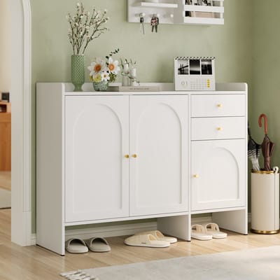 Schoenenkast - 120 x 35 x 90 cm - Schoenenkast met 3 Deuren en 2 Laden - Metaalgrepen - MDF - Wit