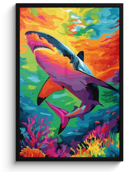 Poster in lijst - Fotolijst 60x90 cm - Posters - Haai - Koraalrif - Abstract - Kleurrijk - Posterlijst zwart - Decoratie - Wanddecoratie woonkamer - Muurdecoratie slaapkamer