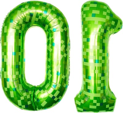 Feestelijke groene folieballonnen met pixelmotief voor 10e verjaardag, 10 stuks, heliumgevuld, perfect voor jongens en meisjes