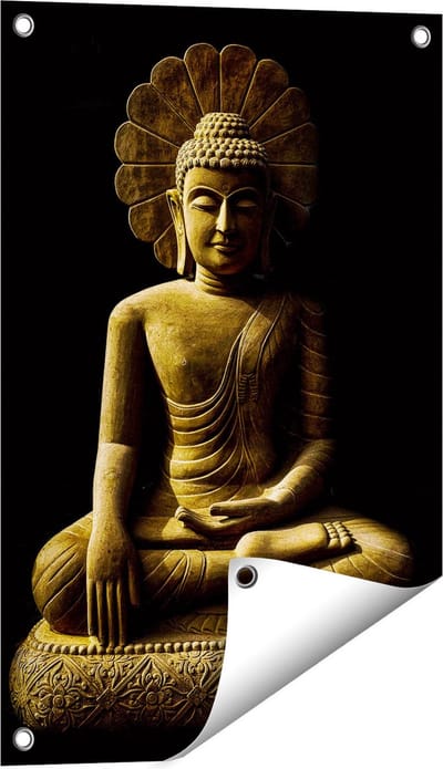 Gards Tuinposter Gouden Boeddha Beeld in Meditatie - 40x60 cm - Tuindoek - Tuindecoratie - Wanddecoratie buiten - Tuinschilderij