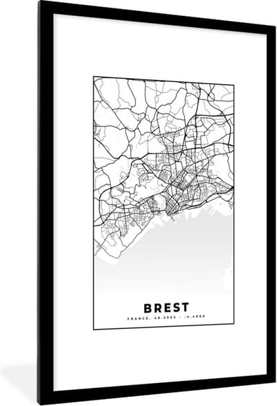 Fotolijst incl. Poster Zwart Wit- Stadskaart - Plattegrond - Kaart - Frankrijk - Brest - Zwart wit - 80x120 cm - Posterlijst
