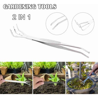 2-in-1 Bonsai Wortel Harke Roestvrij Staal Tuin Pincet Tuingereedschap zilver