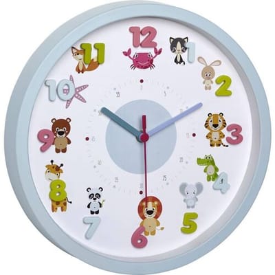 TFA Kinderkamer wandklok - dieren - lichtblauw - D30 cm - kunststof - rond