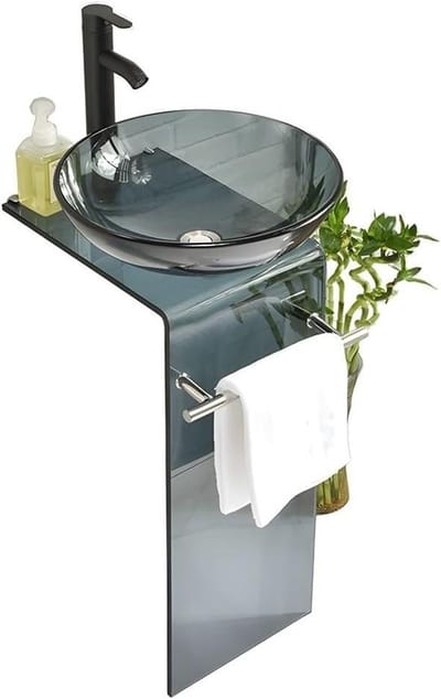 Wandmontage Gootsteen - Wastafel Kom - Badkamer Inrichten - Gehard Glas - 40x40x70 cm - Grijs