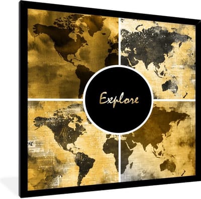 Poster in lijst - Fotolijst 40x40 cm - Posters - Wereldkaarten - - Goud - Posterlijst zwart - Decoratie - Wanddecoratie woonkamer - Muurdecoratie slaapkamer