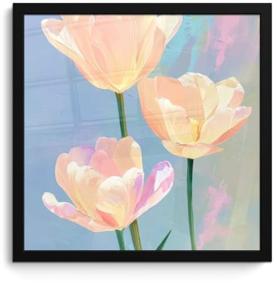 Poster in lijst - Fotolijst 40x40 cm - Posters - Tulpen - Roze accenten - Blauw - Posterlijst zwart - Decoratie - Wanddecoratie woonkamer - Muurdecoratie slaapkamer