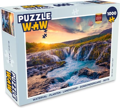 Puzzel Waterval - Planten - Mos - Landschap - Zonsondergang - Rots - Legpuzzel - Puzzel 1000 stukjes volwassenen