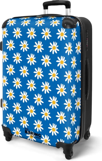 NoBoringSuitcases.com® - Koffer groot - Rolkoffer lichtgewicht - Blauw met madeliefjes - Reiskoffer op 4 wielen - Large travel luggage suitcase - Vakantie reistrolley - Grote trolley XL - 20 kg bagage