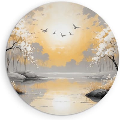 Saammp Muurcirkel Hout - witte bomen met zon - Natuur - Landschap - Ø 90 - Wandcirkel - Wanddecoratie Cirkel - Muurdecoratie Woonkamer - Slaapkamer decoratie - Rond Schilderij