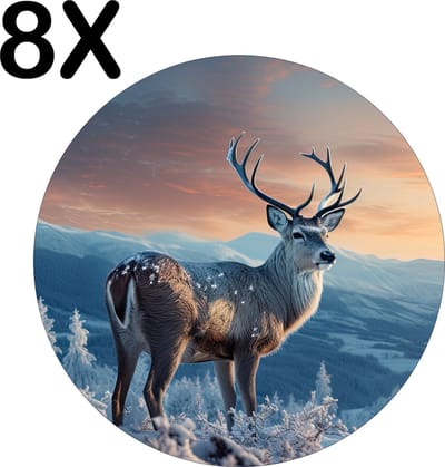 Luxe Ronde Placemat - Hert in de Winter op een Berg - Set van 8 Placemats - 50x50 cm - 2 mm dik Vinyl - Anti Slip - Afneembaar