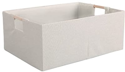 Opvouwbare katoenen linnen opbergmand met houten handgrepen - beige, medium