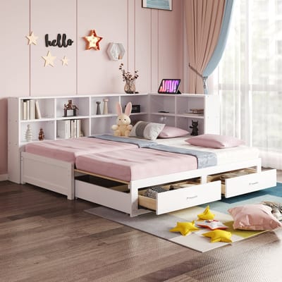 Slaapbank 90/180x190 cm - met uitschuifbaar bed - opbergruimte - europese stopcontacten - lades - wit - zonder matras