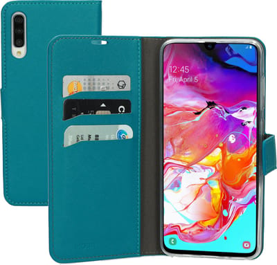 Mobiparts hoesje geschikt voor Samsung Galaxy A70 - Saffiano Wallet/Portemonnee hoesje - Magneet Sluiting - 3 Opbergvakken - Blauw Turquoise