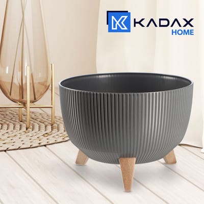 Kadax Bloempot, van kunststof, met drie insteeksteunen, rond, bloemenschaal, plantenbak, bloembak, voor balkon, woonkamer, 33 cm diameter, antraciet