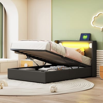 Wishdor – Kinderbed – Bluetooth, LED & 2 USB – Hydraulische opbergruimte – PU-leer zwart – 90x200 cm