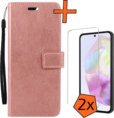 Hoes - Met 2x Screenprotector - Geschikt voor Samsung Galaxy A35 - Luxe Pasjeshouder - Bookcase Portemonee - Flip Case - Kunstleer Book Case - Flipcase Hoes - Book Cover - Walletcase - PortemonneeHoes - Rosé goud