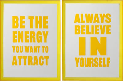 J-Line wanddecoratie Citaat Bord Energy/Believe - canvas - wit/fluo geel - set van 2