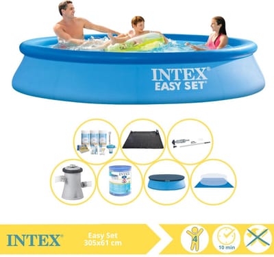 Intex Rond Opblaasbaar Easy Set Zwembad - 305 x 61 cm - Blauw - Inclusief Afdekzeil - Onderhoudspakket - Zwembadfilterpomp - Filter - Grondzeil - Stofzuiger - Solar Mat - 8-delig