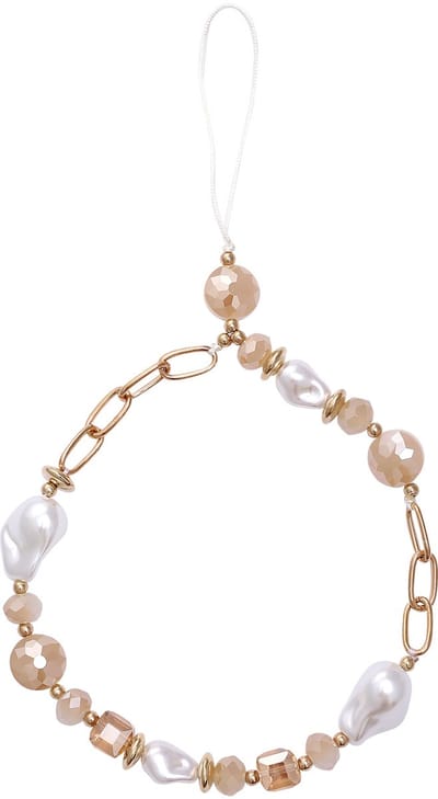 Casemania Universele Telefoonketting - Goudkleurige Schakels & Barok Parels - Polsbandje met Champagne Kralen - Wristlet Charm Strap - Stevige Mobiele Armband