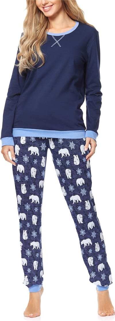 Merry Style MS-MS10-168-PJ Dames Pyjama - ronde hals - lange mouwen - lange broek met zakken - Katoen - Donkerblauwe/Beer-2 - S