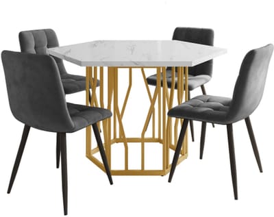 5-Delige Eettafelset, Zitgroep, Keukenmeubilair – De tafel meet 115.5 x 100 x 75 cm, Inclusief 4 Stoelen, Tafelblad Met Marmerlook, Gouden Metalen Tafelpoten