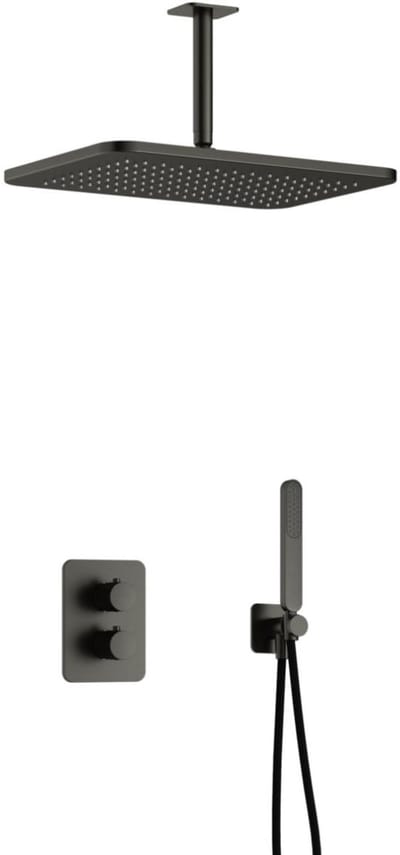Hotbath Gal - GL106 - Inbouw Regendoucheset - Geborsteld Gunmetal PVD - Thermostatisch - Plafondbuis 15 cm - Hoofddouche 270x400 mm - Staafhanddouche - met GL106 - met 2-Weg Stop-Omstel