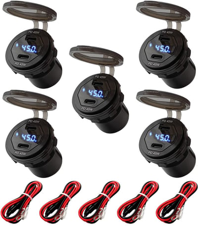ProRide 12V USB-C Wandcontactdoos Inbouw - 45W - 2 Poorten - Wattagemeter - QC3.0 - Blauw - Kabel en Zekering - 5 stuks