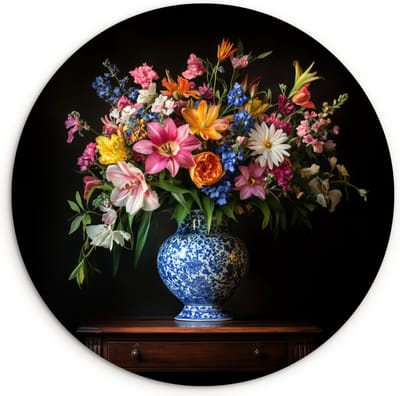 WallCircle® Wandcirkel 90x90 cm - Muurcirkel Kleur - Vaas - Bloemen - Boeket - Muurdecoratie woonkamer - Wanddecoratie slaapkamer - Kamer decoratie accessoires - Ronde schilderijen