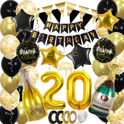 20 Jaar Feest Verjaardag Versiering Confetti Helium Ballonnen Slingers Happy Birthday Goud & Zwart Decoratie – 60 Stuks