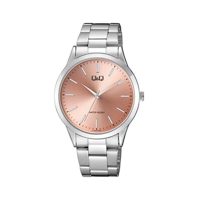 Q&Q C10A-017PY - Horloge - Analoog - Dames - Vrouwen - stalen band - Rond - Metaal - Cijfers - Zilverkleurig - Zalm