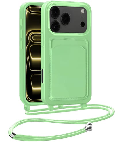 Hoesje Geschikt voor iPhone 17 Pro Telefoonhoesje Met Koord Case Pashouder Siliconen - Hoes Geschikt voor iPhone 17 Pro Hoesje Met Kaarthouder - Groen