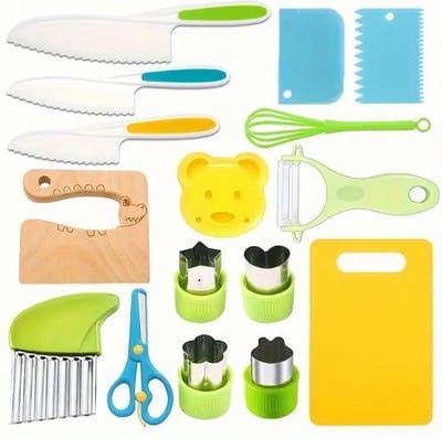 17-delige Kindvriendelijke Keukenset – Veilig Keukengereedschap voor Beginners – Kindermessenset, Snijplank, Uitsteekvormpjes en Plastic Keukenbenodigdheden voor Echt Koken