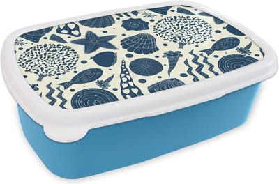 Broodtrommel Blauw - Lunchbox - Brooddoos - Schelpen - Strand - Blauw - Patroon - 18x12x6 cm - Kinderen - Jongen