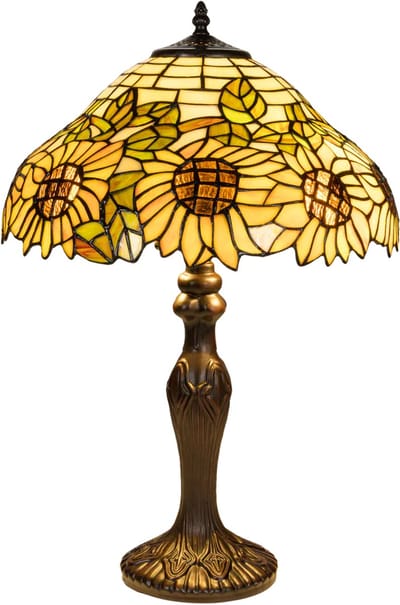 Tiffany tafellamp zonnebloem - Geel-bruin-groen - Ø 40 cm - Glas in lood - Warm licht - Bloemen - Natuurmotief | RORUVERA