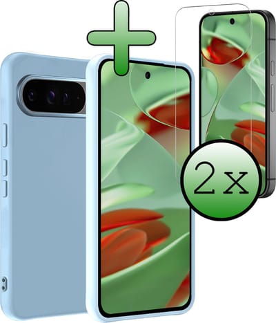 Hoesje Met 2x Screenprotector - Geschikt voor Google Pixel 9 Pro - Sterk & Shockproof - Back Cover - Siliconen Case - Telefoon Hoes - Lichtblauw