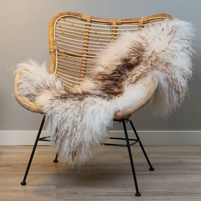 WOOOL IJslandse Schapenvacht - Wit Bruin CURLY L (105x60cm) 100% Natuurlijk & Echt - Vloerkleed - ECO+
