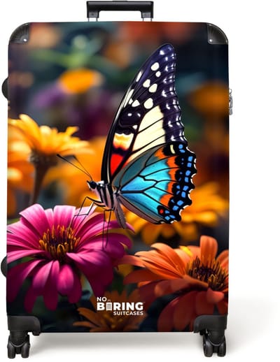 NoBoringSuitcases.com® - Koffer groot - Reiskoffer lichtgewicht - Vlinder op kleurrijke bloemen - Rolkoffer met 4 wielen - Grote trolley XL - 98 liter bagage