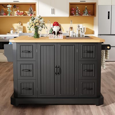 BLACKCOLORS Mobiel keukeneiland, keukenkast, keukentrolley met 2 deuren en 6 lades, op wieltjes, (120 x 45 (75) x 91 cm), wit/zwart