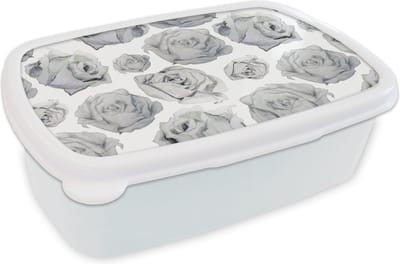 Broodtrommel Wit - Lunchbox - Brooddoos - Rozen - Bloem - Zwart Wit - Patroon - 18x12x6 cm - Volwassenen
