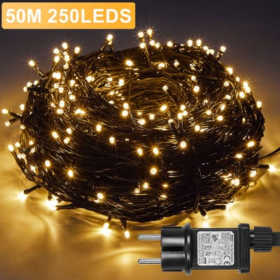 Rosnek LED Kerstverlichting Binnen/Buiten - 50M 250LEDs Warm Wit Lichtsnoer - met 8 modi, Timer & Geheugenfunctie - Koppelbaar - IP44 Waterdicht Kerstboomverlichting voor Tuin, Feest & Huis