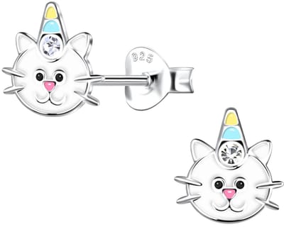 Joy|S - Zilveren kat poes oorbellen - met feestmutsje / hoorn en een roze neusje - 7 x 8 mm - kristal - caticorn - kinderoorbellen